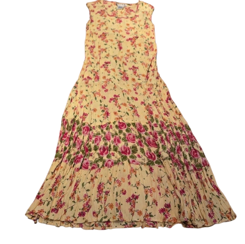 Vintage 90’s Floral Maxi Dress SP Rayon Victoria Holley Sleeveless Pink  Yellow